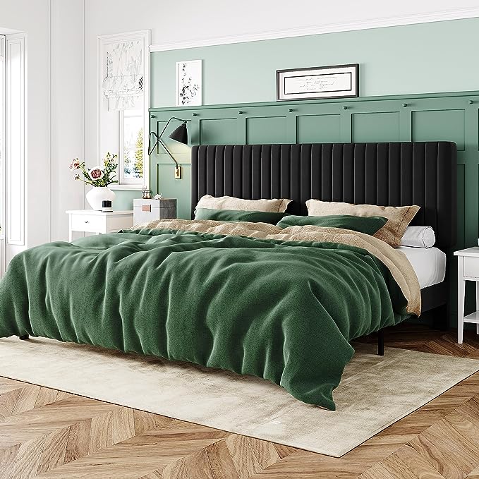 Velvet Upholstered Platform Bed with Adjustable Vertical Channel Tufted Headboard