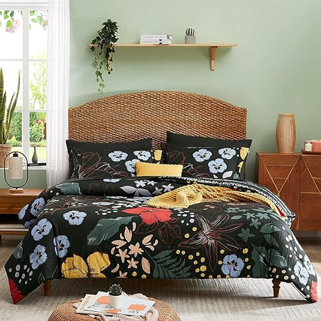 Queen Comforter Set, 7 PCS Green Butterfly Floral Comforter Set