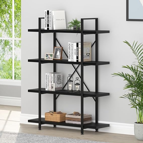 Industrial 4 Tier Bookshelf, Modern Metal and Wood