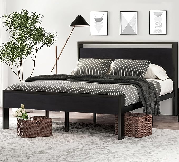 14 Inch Full Size Metal Platform Bed Frame with Wooden Headboard and Footboard