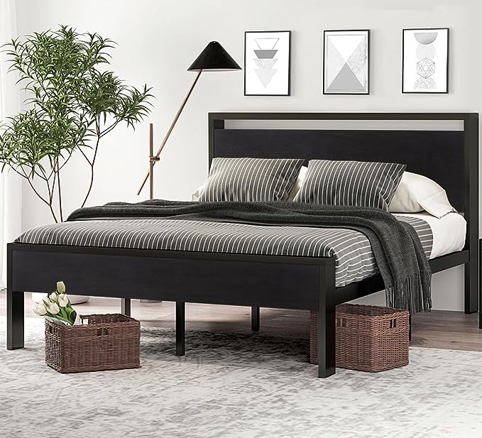 14 Inch Full Size Metal Platform Bed Frame with Wooden Headboard and Footboard, Mattress Foundation