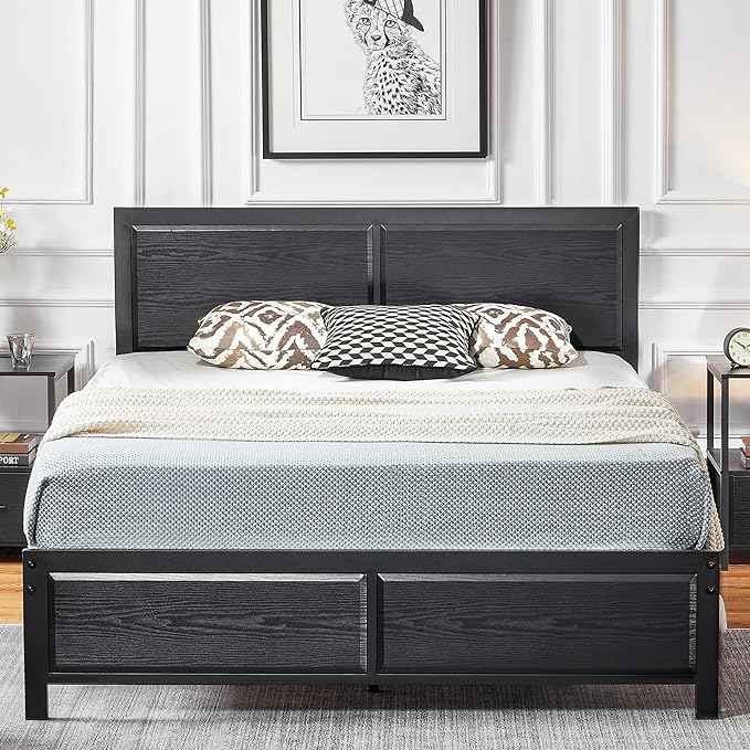 Full Platform Bed Frame with Rustic Vintage Wood Headboard
