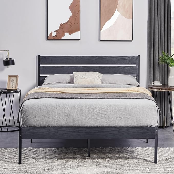 Platform Full Bed Frame with Rustic Vintage Wood Headboard and Footboard, Mattress Foundation