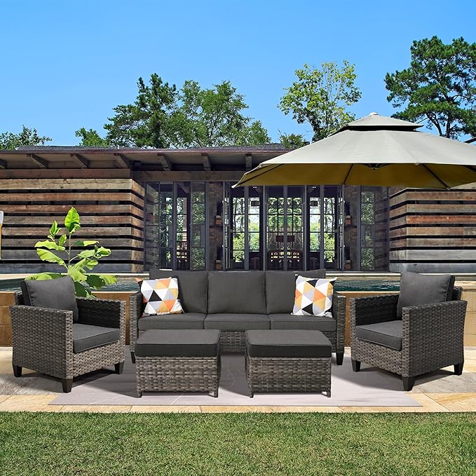 5 Pieces Outdoor Wicker Rattan Sofa Couch with Ottomans