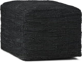 Fredrik Square Pouf, Footstool, Upholstered in Dark Blue Woven Leather