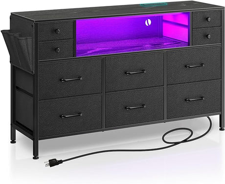 Dresser with Power Outlets and LED Lights, 10 Drawers Dresser with Side Pocket