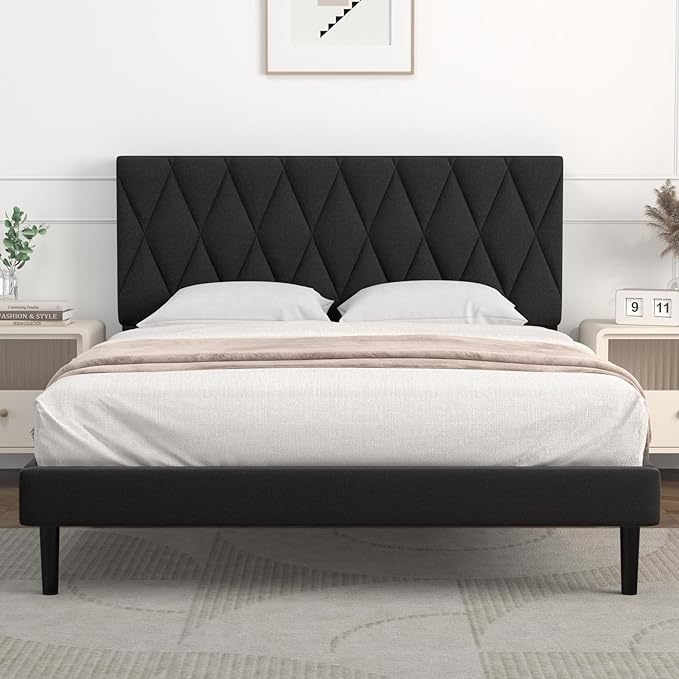 Queen Bed Frame Upholstered Platform with Headboard and Strong Wooden Slats