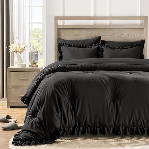 Queen Bed in a Bag 7 Pieces Comforter Set Queen, Ruffle Bedding Comforter Set Dark