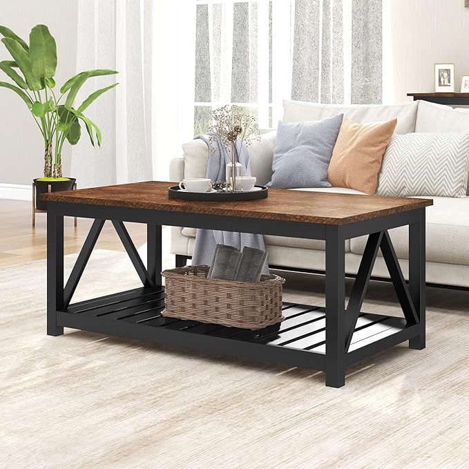 Farmhouse Coffee Table, Rustic Vintage Living Room Table with Shelf