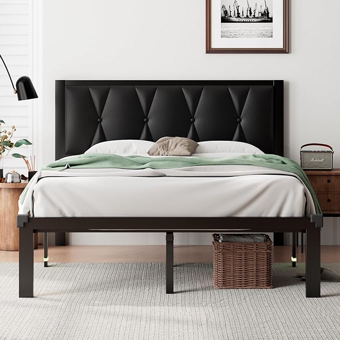 Queen Metal Platform Bed Frame with Upholstered Headboard, Upgraded Heavy Duty Bed