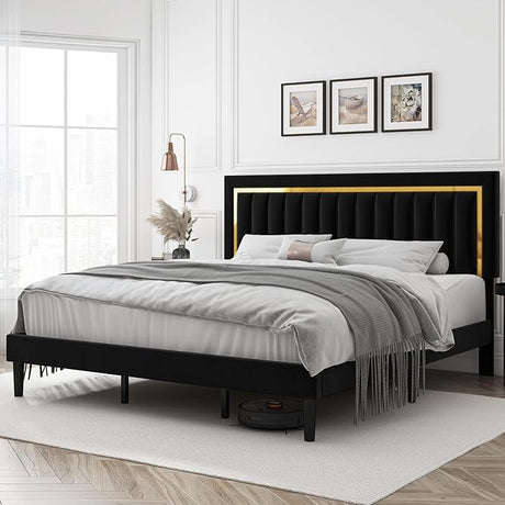  King Size Bed Frame with Adjustable Tufted Headboard, Velvet Upholstered Platform Bed