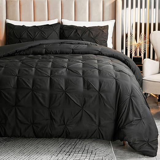 Pinch Pleated Navy Comforter Set Queen Size Bed, 3 Piece Pintuck Bedding Sets