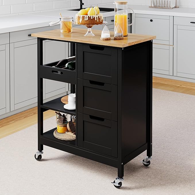 Small Solid Wood Top Kitchen Island Cart on Wheels with Storage