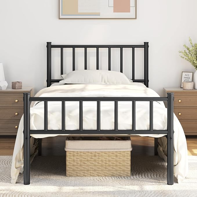Twin Size Bed Frame Metal Platform Mattress Foundation with Spindle Headboard