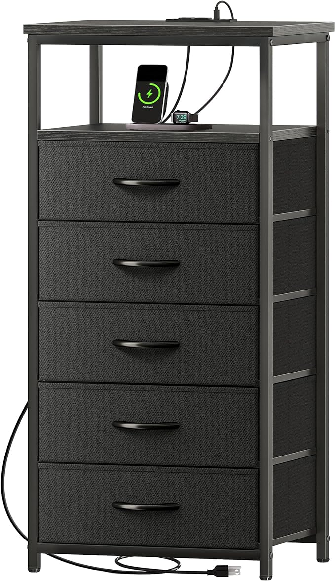 5 Drawers Dresser with Charging Station, Dresser for Bedroom, Tall Night Stand