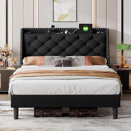 Queen Bed Frame with 16" Deluxe Wingback & USB & Type-C Ports