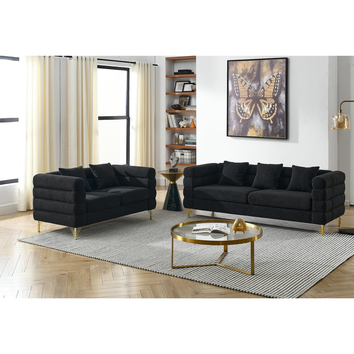 Black Bouclé Sofa 3-Seater with Gold Legs