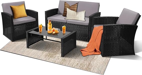 4 Pieces Patio Conversation Set, Outside Rattan Sectional Sofa
