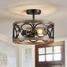 Rustic Semi Flush Mount Ceiling Lighting Fixture, 3-Light Antique Wood Grain Drum Lamp