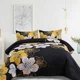 Floral Bed Comforter Set King - Blue Floral Pattern Printed on Grey