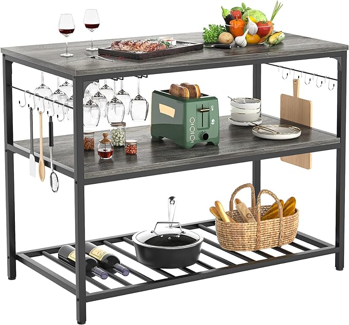 Kitchen Island with Wine Glass Holder, Industrial Wood and Metal Coffee Bar