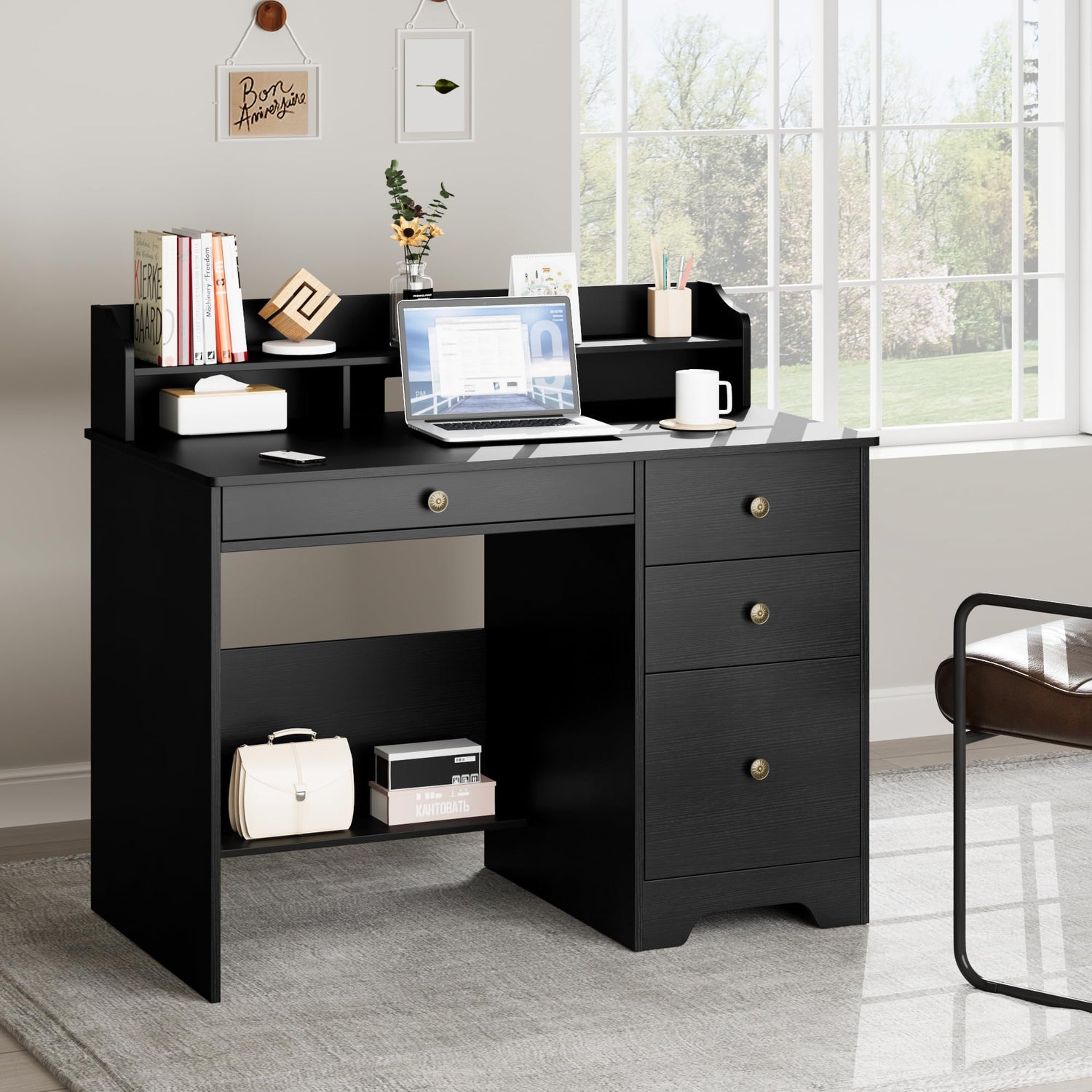 Black Office Desk with 4 Drawers & File Cabinet