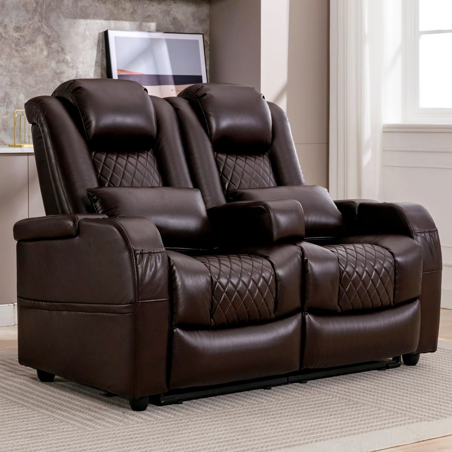 Black RV double recliner loveseat with tufted back and pillows

