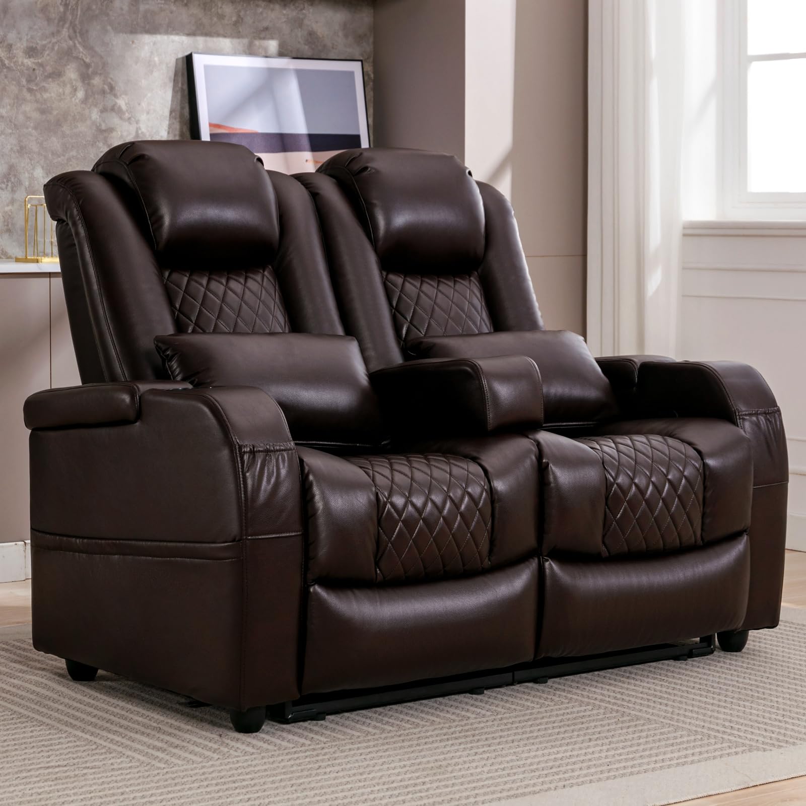 Black RV double recliner loveseat with tufted back and pillows


