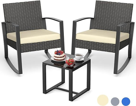 3 Pieces Wicker Patio Furniture Set, Outdoor Rocking Chair Sets with Cushion, Porch