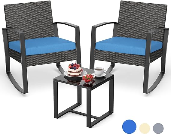 3 Pieces Wicker Patio Furniture Set, Outdoor Rocking Chair Sets with Cushion, Porch