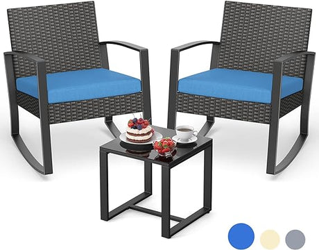 3 Pieces Wicker Patio Furniture Set, Outdoor Rocking Chair Sets with Cushion, Porch