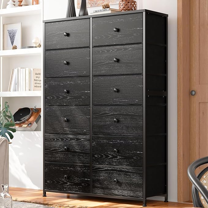 12 Drawer Dresser, Tall Dressers for Bedroom with Wooden Top and Metal Frame