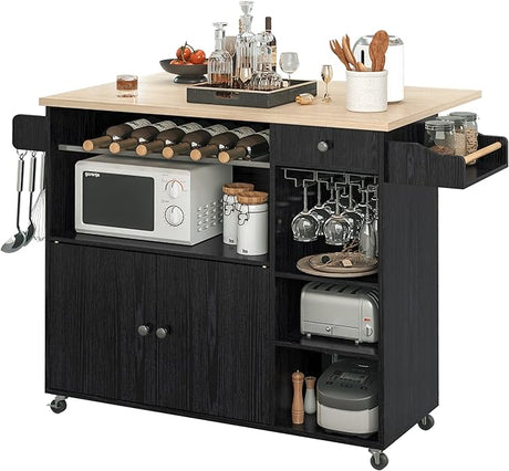 Rolling Kitchen Island Cart with Drop-Leaf and Wine Rack