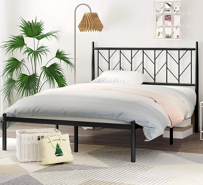 Queen Metal Bed Frame with Vintage Headboard, Heavy Duty Platform Bed with Round