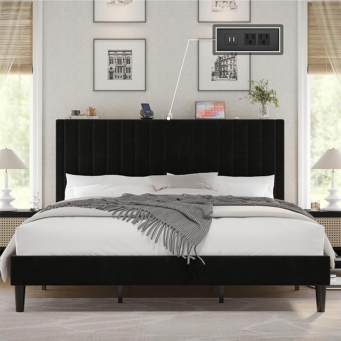 King Size Bed Frame, Velvet Upholstered Platform Bed with Channel Tufted Headboard