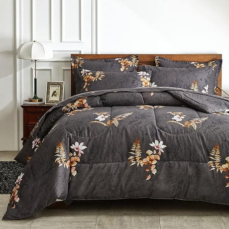 Bed in a Bag 7 Pieces - Floral Print - Soft Microfiber, Reversible Bed Comforter Set