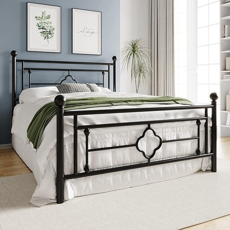 14 Inch Queen Size Metal Platform Bed Frame, Vintage Victorian Style