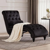 Button-Tufted Chaise Lounge Indoor with Solid Wood Legs & Support Pillow