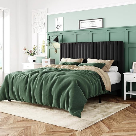 Queen Bed Frame, Velvet Upholstered Platform Bed with Adjustable Vertical Channel