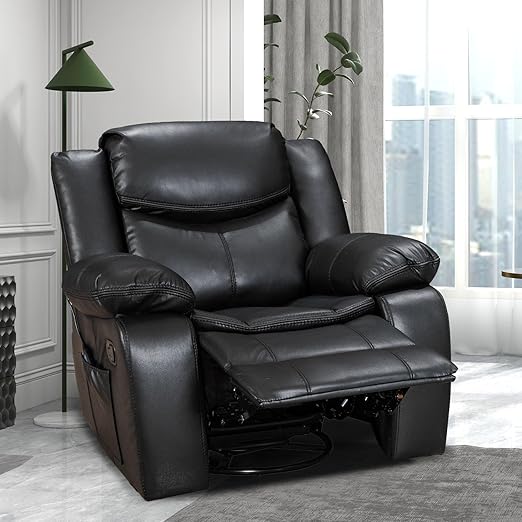 Black faux leather manual recliner with padded armrests