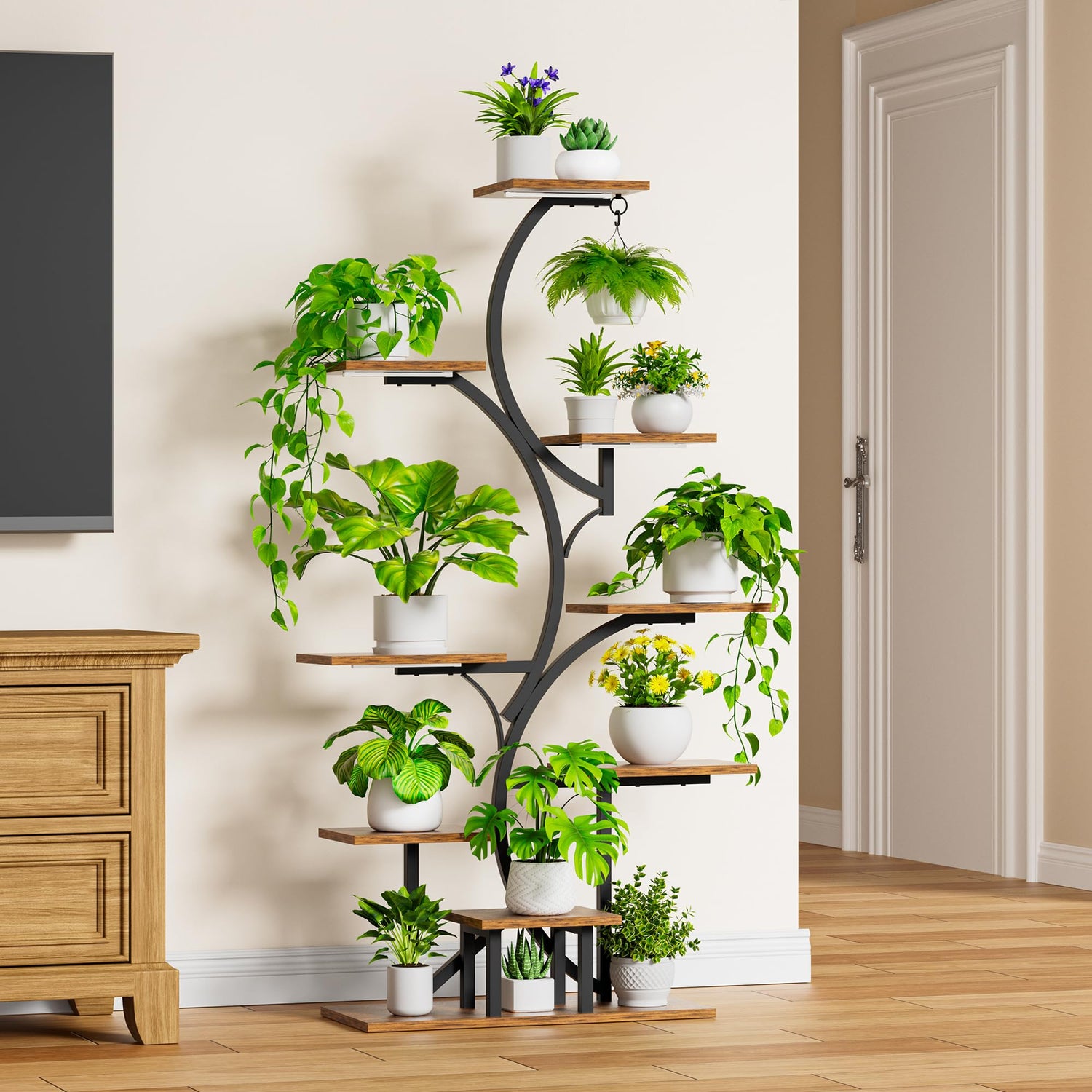 Black metal plant shelf with adjustable full-spectrum lighting