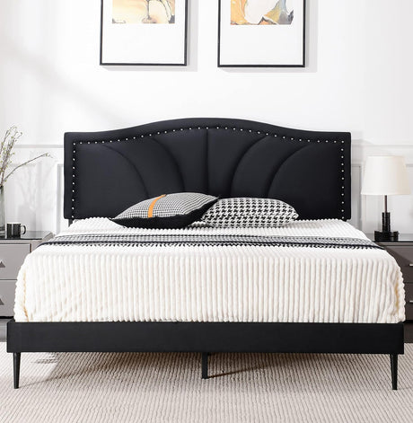 King Size Bed Frame Velvet Upholstered Platform Bed with Decorative Line & Nailhead