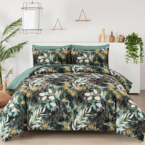 7 Pieces Floral Reversible Bed in a Bag Gold and Blue Leaves Bedding Set