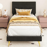 Twin Bed, Platform Bed Frame with Upholstered Headboard and Wooden Slats Support