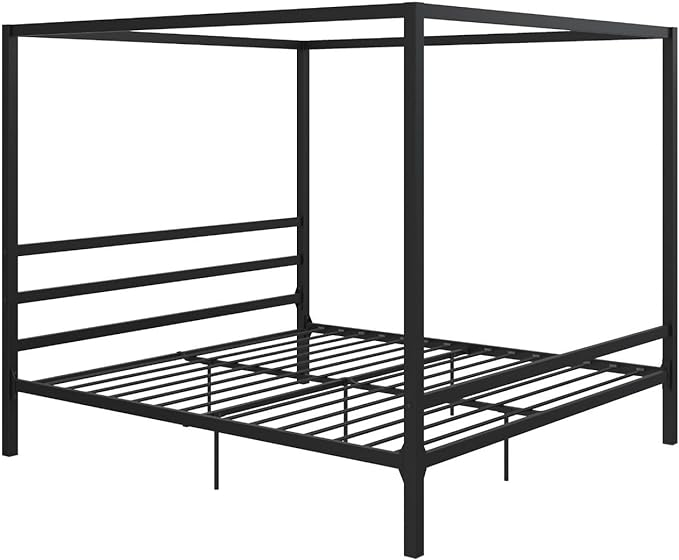 Modern Metal Canopy Platform Bed with Minimalist Headboard and Four Poster Design