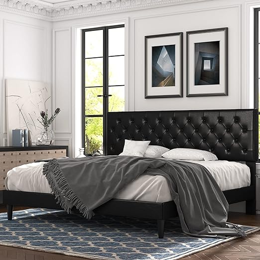 King Bed Frame with Adjustable Diamond Stitched Button Tufted Headboard