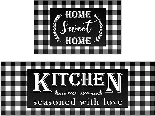 Buffalo Plaid Snow Santa Claus Christmas Kitchen Rugs Set of 2, Winter Low-Profile Floor
