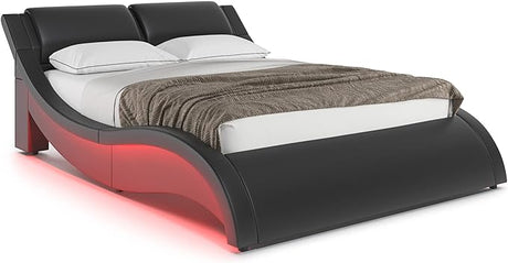 Lyon Wave Like LED Bed Frame Full Size - Contemporary Modern Curved Faux Leather