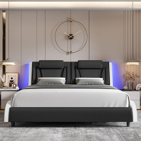 Upholstered Platform Bed Frame with Adjustable LED Headboard, Pu Leather