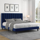 King Bed Frame/Velvet Upholstered Bed Frame with Vertical Channel Tufted Headboard